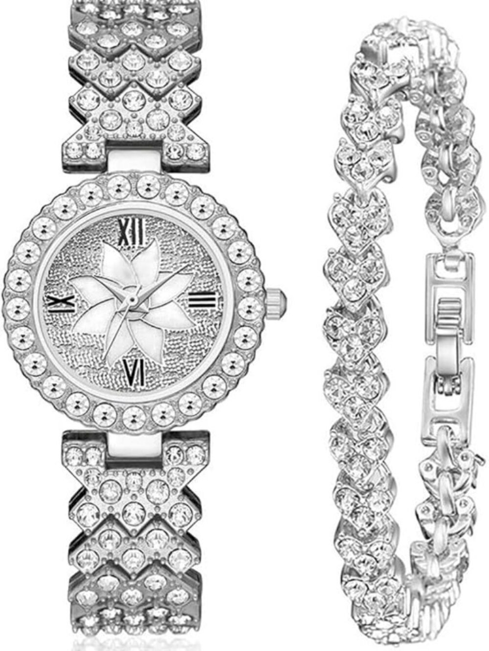 BRAND NEW Women Luxury Watches Steel Band with Diamonds Bracelet Set
